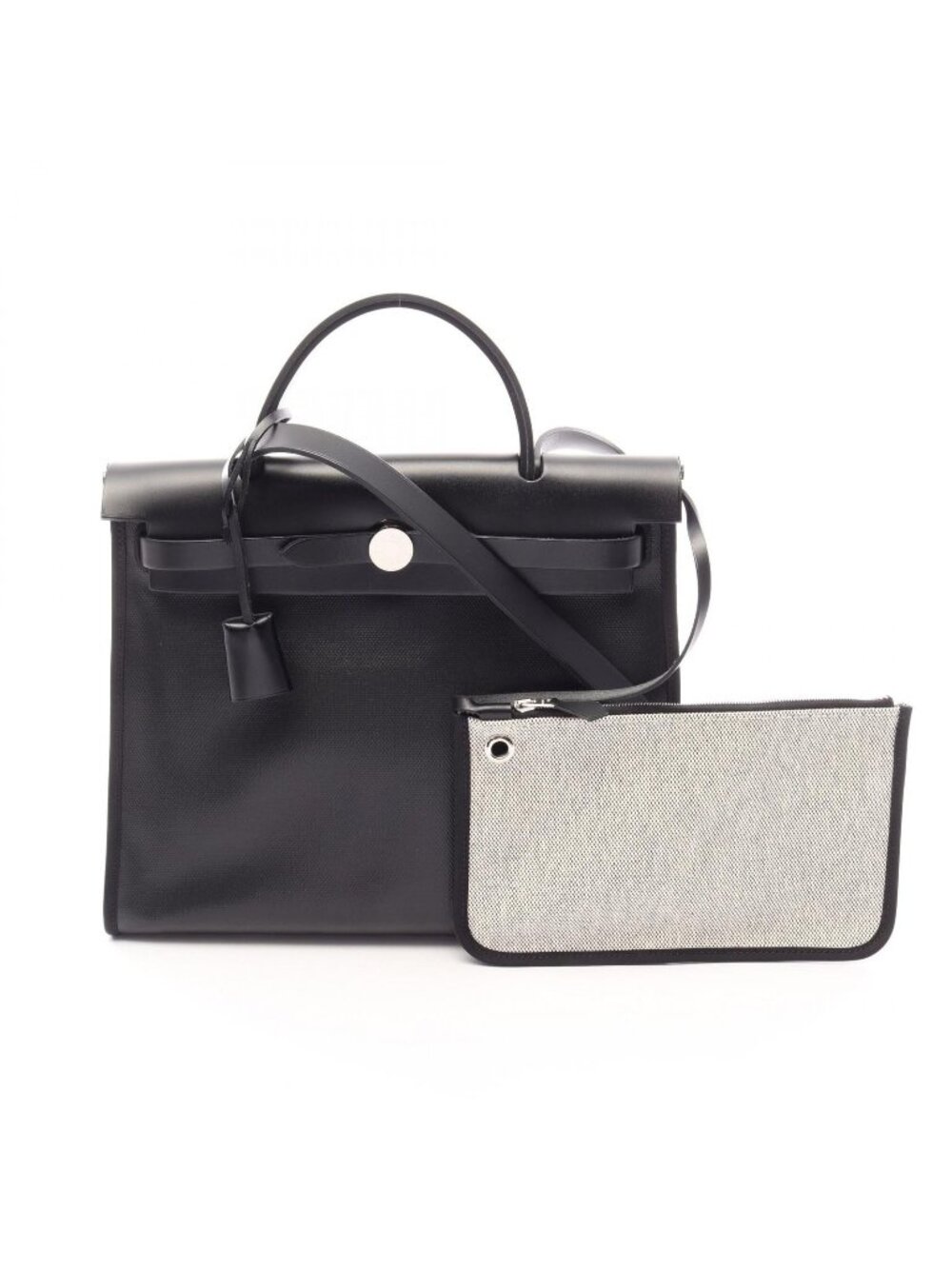 Hermes Handbag Herbag Zip PM 2-Way Black Ecru Canvas Leather PM